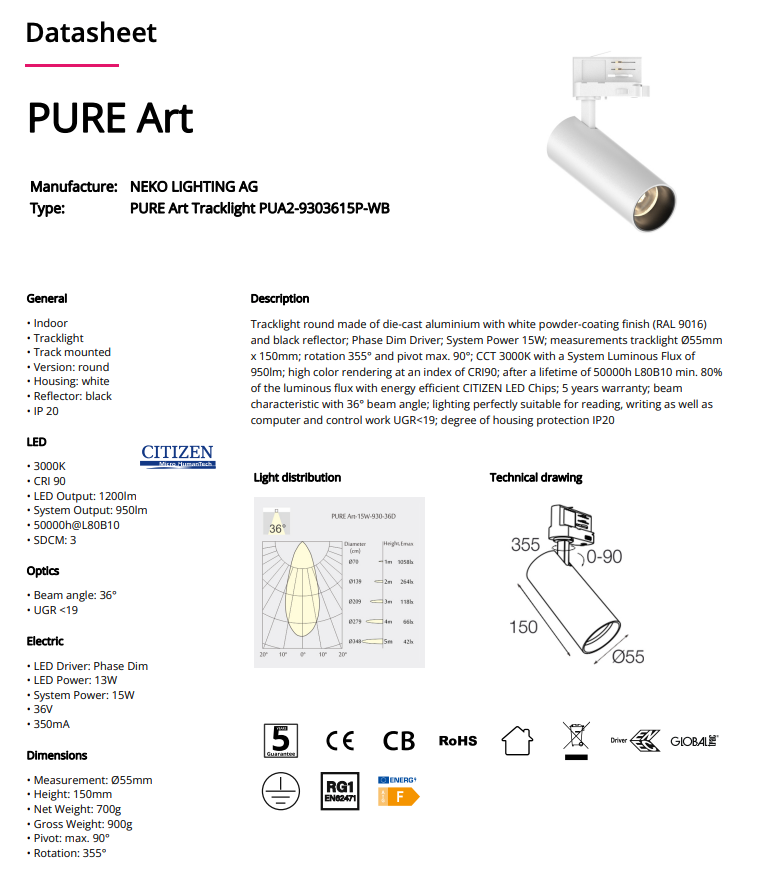 NEKO PURE ART TRACK LIGHT 15W 3000K 36D 950Lm IP20 PHASE DIMMABLE
